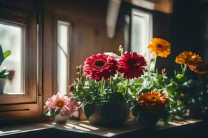 fleurs dans des pots sur rebord de fenêtre. généré par ai photo