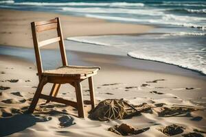 une chaise est assis sur le plage près le océan. généré par ai photo