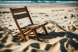 une chaise est assis dans le le sable sur une plage. généré par ai photo