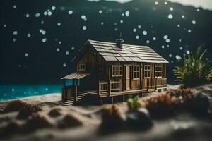 une miniature en bois maison sur le plage dans le pluie. généré par ai photo