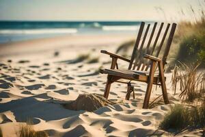 une en bois chaise est assis sur le le sable près le océan. généré par ai photo