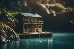 une miniature maison sur une Dock dans le l'eau. généré par ai photo