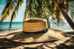 une chapeau est assis sur le le sable près le océan. généré par ai photo