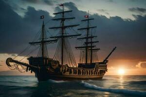 une pirate navire dans le océan à le coucher du soleil. généré par ai photo