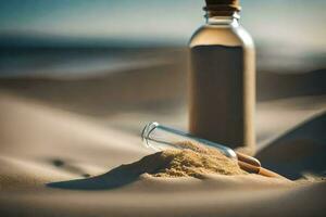 une bouteille de le sable et une message dans une bouteille. généré par ai photo