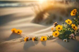 photo fond d'écran sable, fleurs, le plage, le soleil, le mer, le sable, le. généré par ai