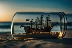 une modèle navire dans une verre bouteille sur le plage. généré par ai photo