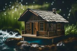 une miniature en bois maison est assis sur le bord de une étang. généré par ai photo