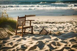 une chaise et une cassé chaise sur le plage. généré par ai photo