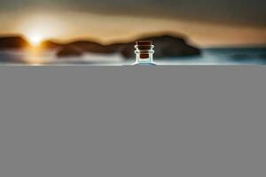 une bouteille de whisky sur le plage à le coucher du soleil. généré par ai photo