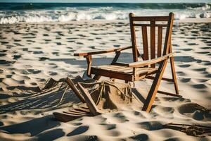 une en bois chaise est assis sur le le sable près le océan. généré par ai photo