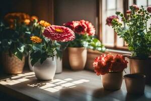 fleurs dans des pots sur une rebord de fenêtre. généré par ai photo