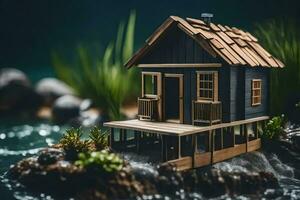 une miniature maison sur une Roche dans le l'eau. généré par ai photo