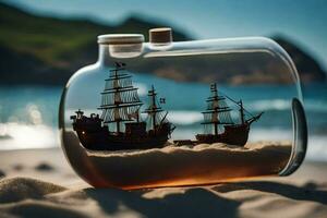 une bouteille avec une navire à l'intérieur de il sur le plage. généré par ai photo