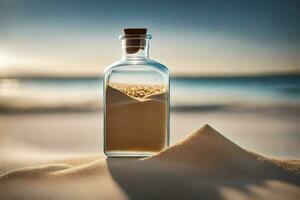 une bouteille de le sable sur le plage. généré par ai photo