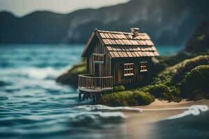 une miniature maison sur le plage par le océan. généré par ai photo