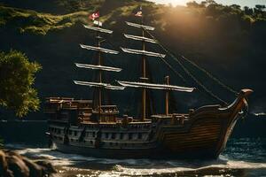 une pirate navire est voile sur le océan. généré par ai photo