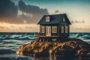 une petit maison sur une Roche dans de face de le océan. généré par ai photo