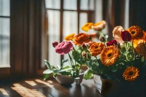 fleurs dans une vase sur une rebord de fenêtre. généré par ai photo