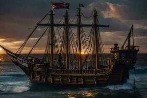 une pirate navire est voile dans le océan à le coucher du soleil. généré par ai photo