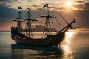 une pirate navire dans le océan à le coucher du soleil. généré par ai photo