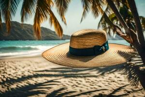 une chapeau sur le plage avec paume des arbres. généré par ai photo