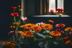 fleurs dans une la fenêtre. généré par ai photo