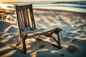 une en bois chaise est assis sur le le sable à le coucher du soleil. généré par ai photo