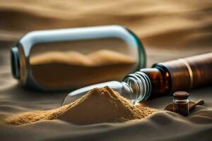 une bouteille de le sable et une verre bouteille de sable. généré par ai photo