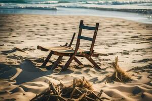 une chaise est assis sur le le sable près le océan. généré par ai photo