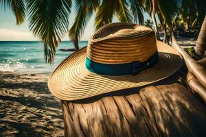 une chapeau est assis sur une arbre souche près le océan. généré par ai photo