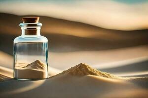 une bouteille de le sable dans le désert. généré par ai photo