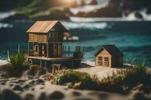 une miniature maison sur le plage avec une petit bateau. généré par ai photo