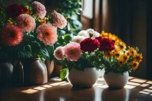 fleurs dans des vases sur une tableau. généré par ai photo