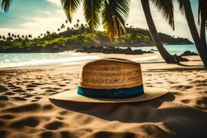 une paille chapeau sur le plage. généré par ai photo