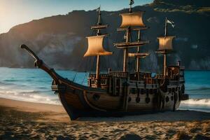 une pirate navire sur le plage à le coucher du soleil. généré par ai photo