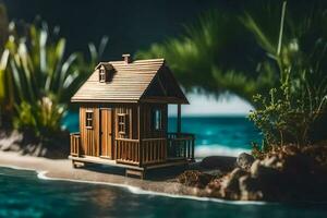 une miniature maison sur le plage près le l'eau. généré par ai photo