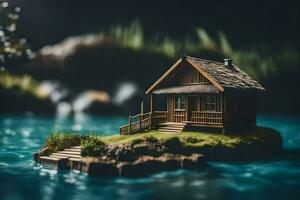 une miniature maison sur une petit île dans le milieu de le l'eau. généré par ai photo