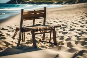 une en bois chaise est assis sur le le sable près le océan. généré par ai photo