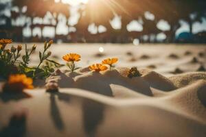 fleurs sur le plage à le coucher du soleil. généré par ai photo