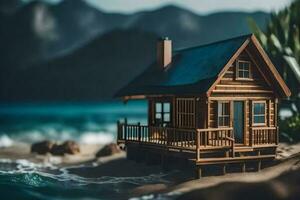 une miniature en bois maison sur le plage par le océan. généré par ai photo