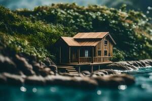 minuscule maison sur le rochers par le l'eau. généré par ai photo