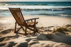 une en bois chaise est assis sur le plage près le océan. généré par ai photo