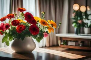 une vase de fleurs séance sur une table dans de face de une la fenêtre. généré par ai photo