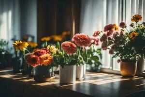 fleurs dans des vases sur une rebord de fenêtre. généré par ai photo