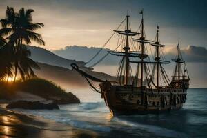 une pirate navire sur le plage à le coucher du soleil. généré par ai photo