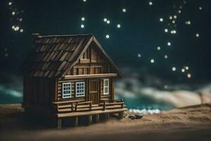 une miniature maison dans le le sable avec étoiles au dessus il. généré par ai photo