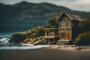 une miniature maison sur le plage par le océan. généré par ai photo