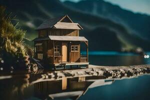 une miniature maison sur le rive de une lac. généré par ai photo