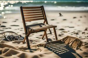 une en bois chaise est assis sur le le sable près le océan. généré par ai photo